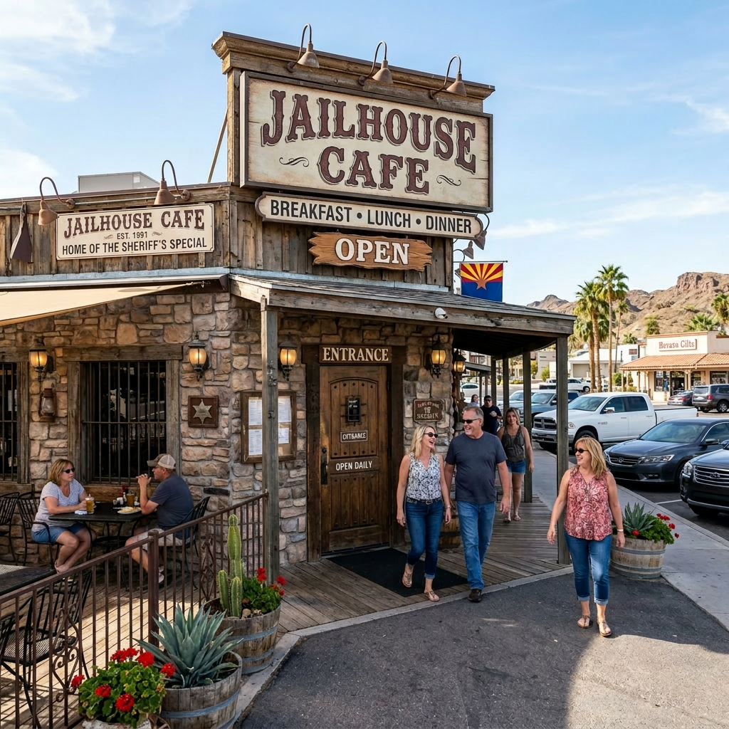 Stone building of Jailhouse Cafe with people dining outdoors and walking nearby