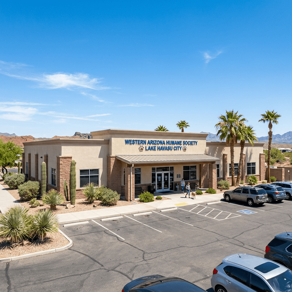 Western Arizona Humane Society building with people walking a dog outside
