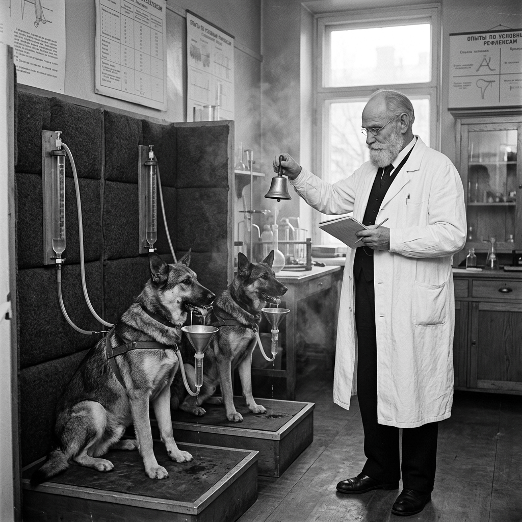 Scientist with two dogs participating in a classical conditioning experiment with apparatus and bell