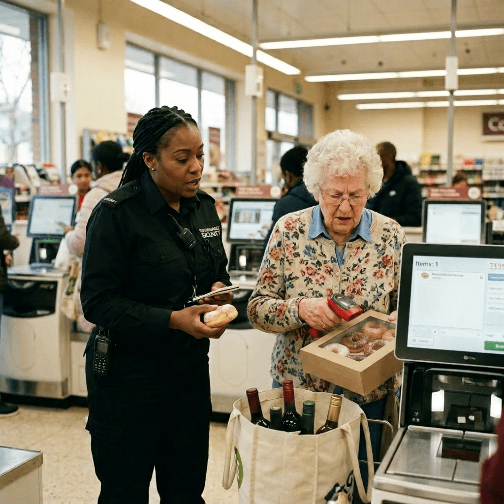 Security guard assisting elderly woman scanning box of donuts at grocery store self-checkout