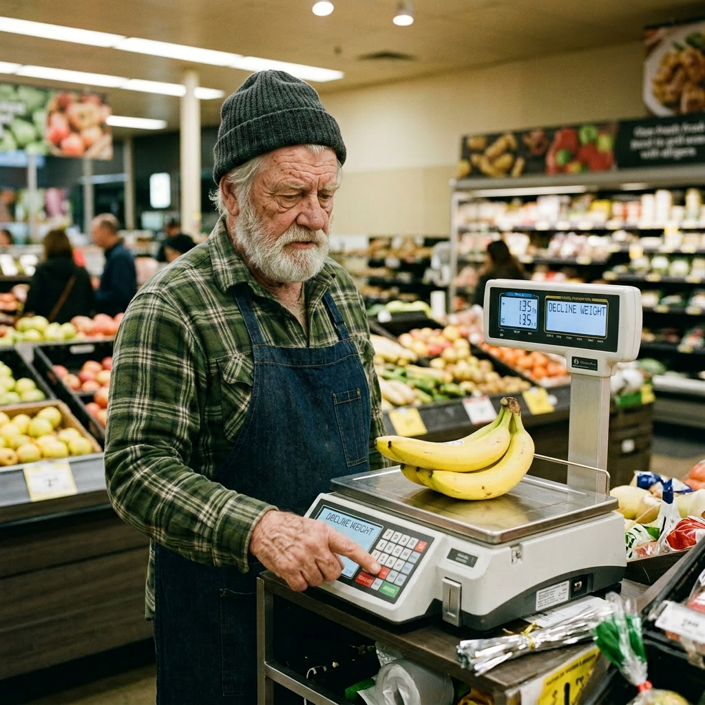 Grocery store worker using digital scale to weigh bananas