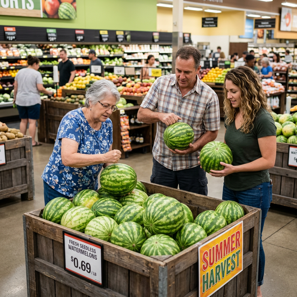 Three people selecting watermelons from a large wooden bin labeled Summer Harvest