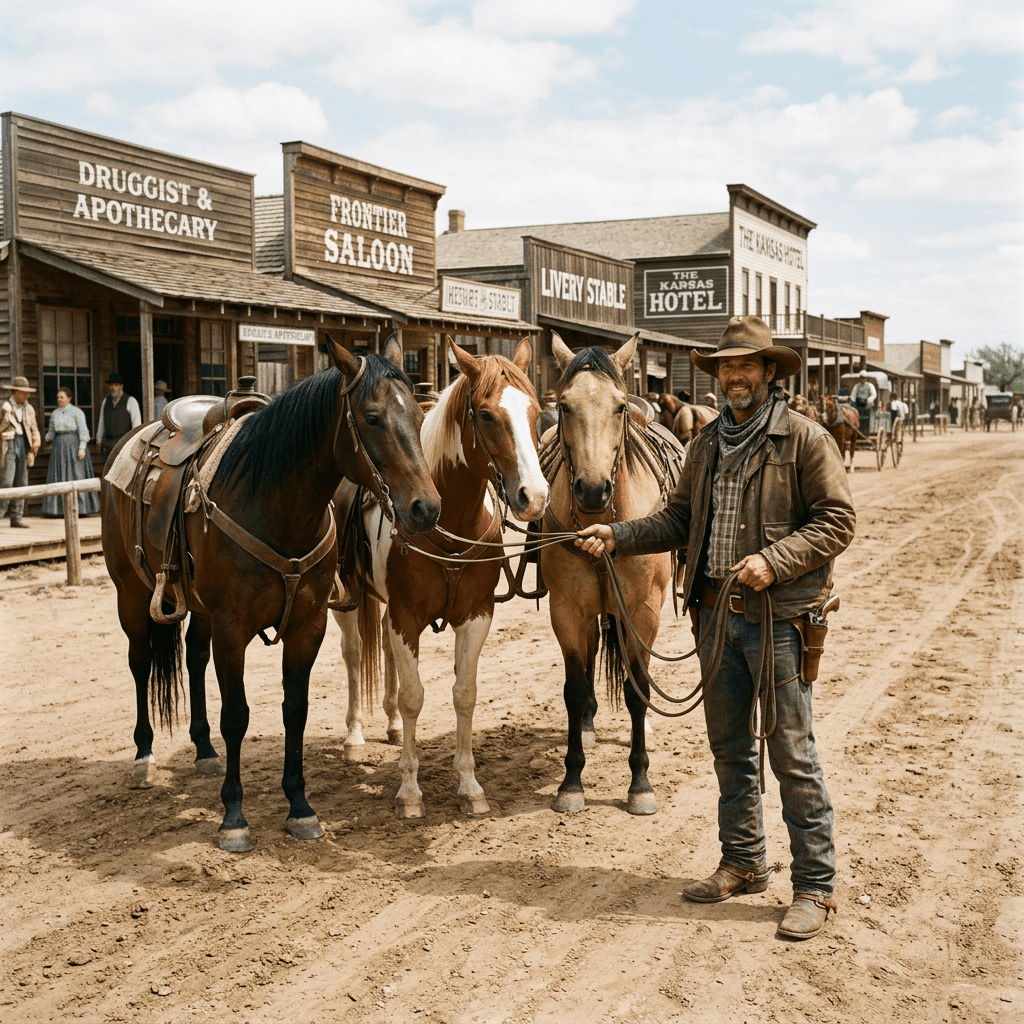 Cowboy holding reins of three saddled horses on dusty street with old Western storefronts in background
