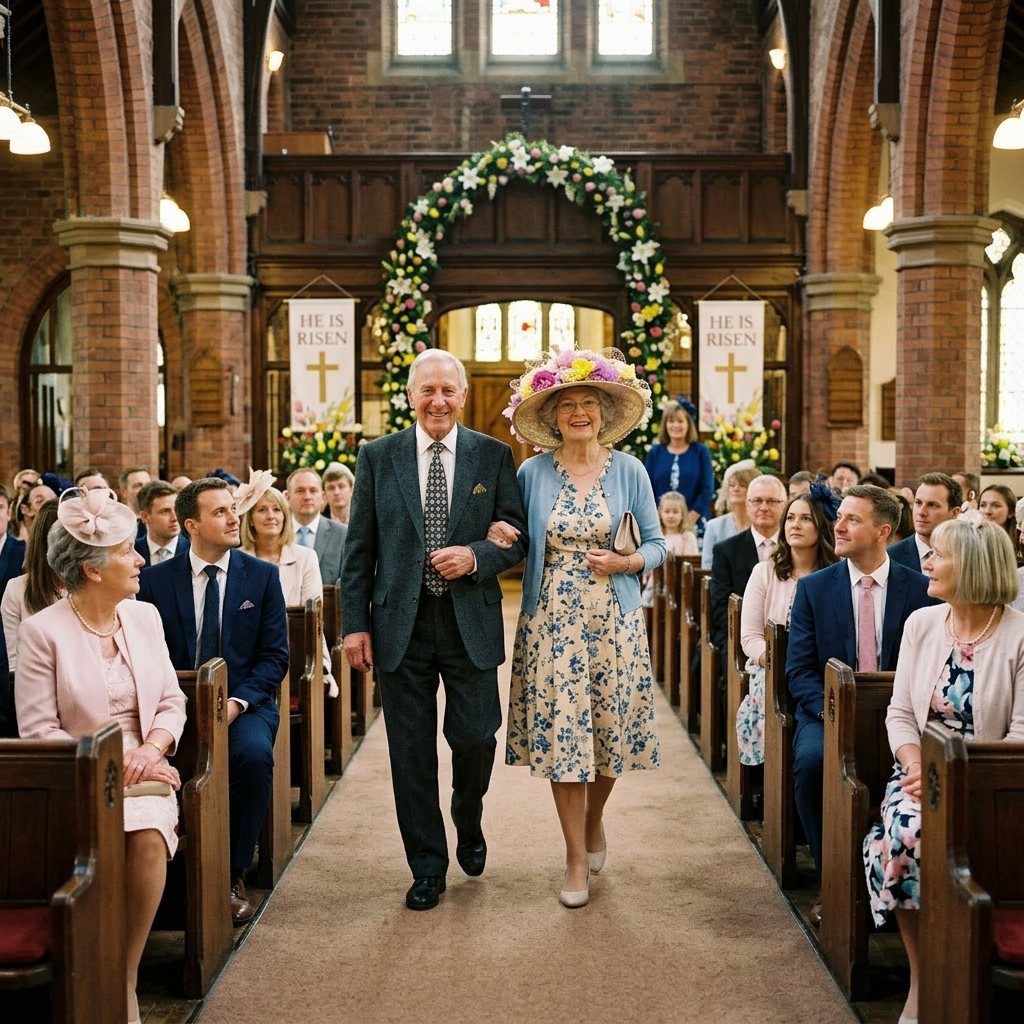 Elderly couple walking out of a church decorated with flowers and Easter banners