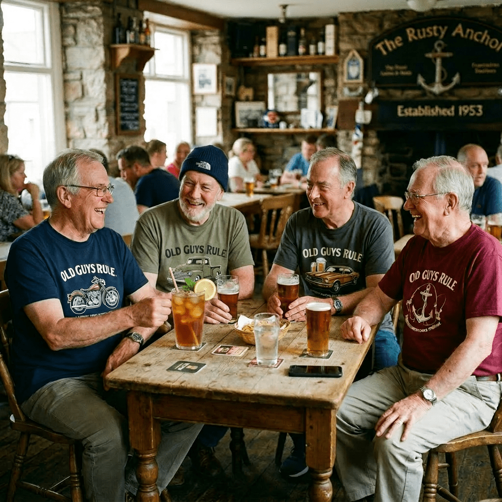 Four older men sitting at a wooden table in a pub, each wearing 'Old Guys Rule' shirts, holding glasses of beer and smiling