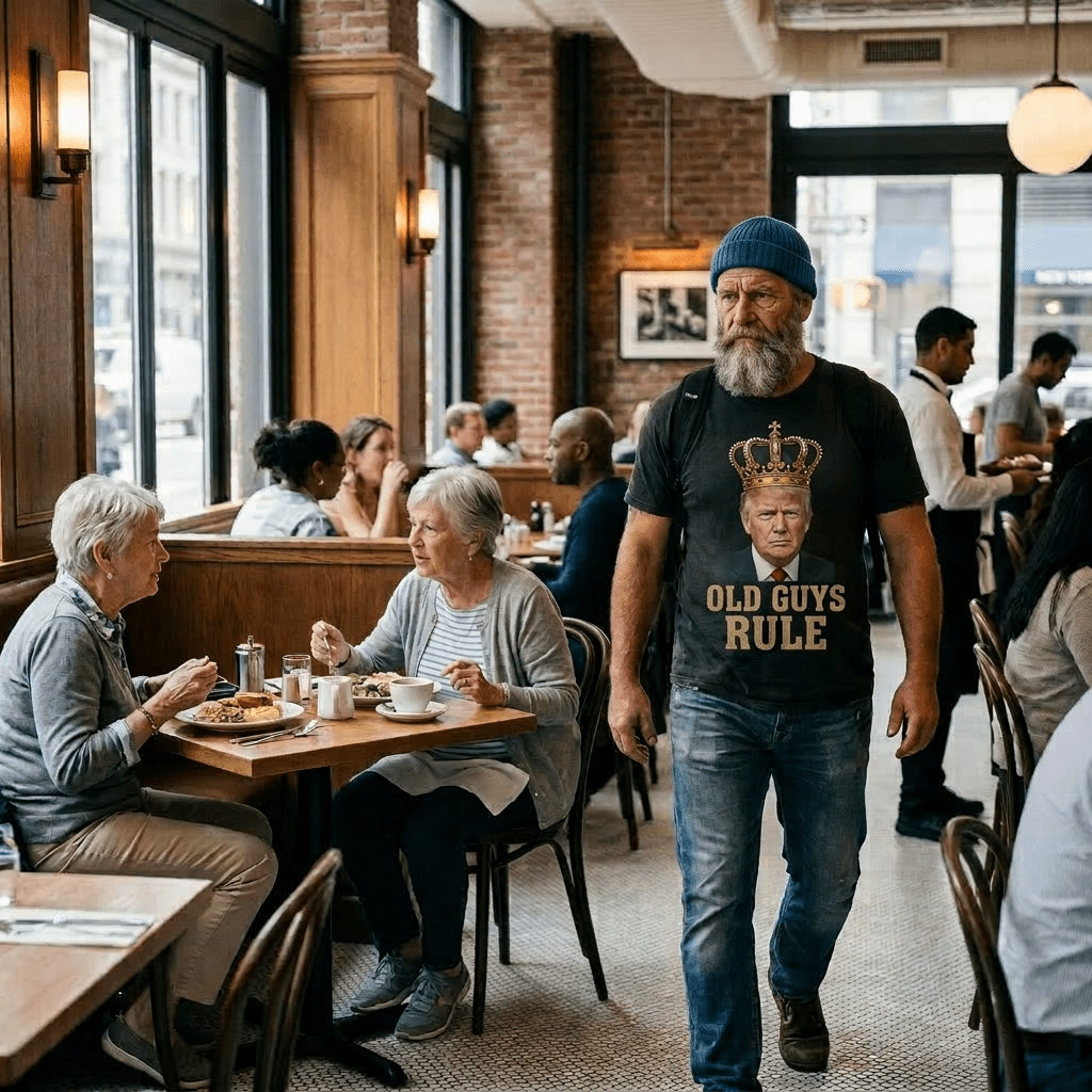 Man walking on city sidewalk wearing a black T-shirt with a gold crown and the word 'TRUMP'