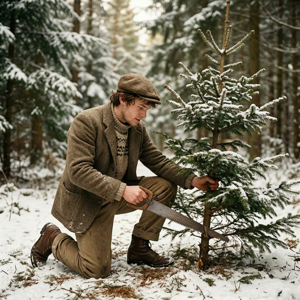 Man cutting small Christmas tree in snow Man kneeling in snow using hand saw to cut small fir tree