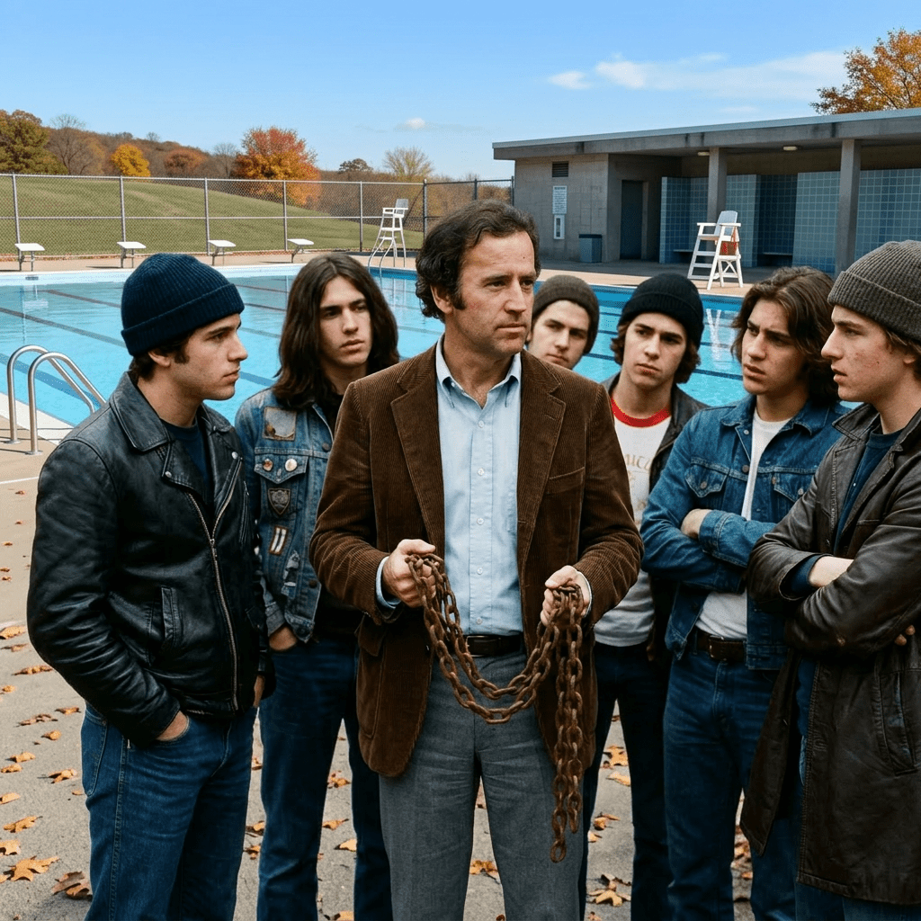 Man holding rusted chains surrounded by six youths on a city street in autumn