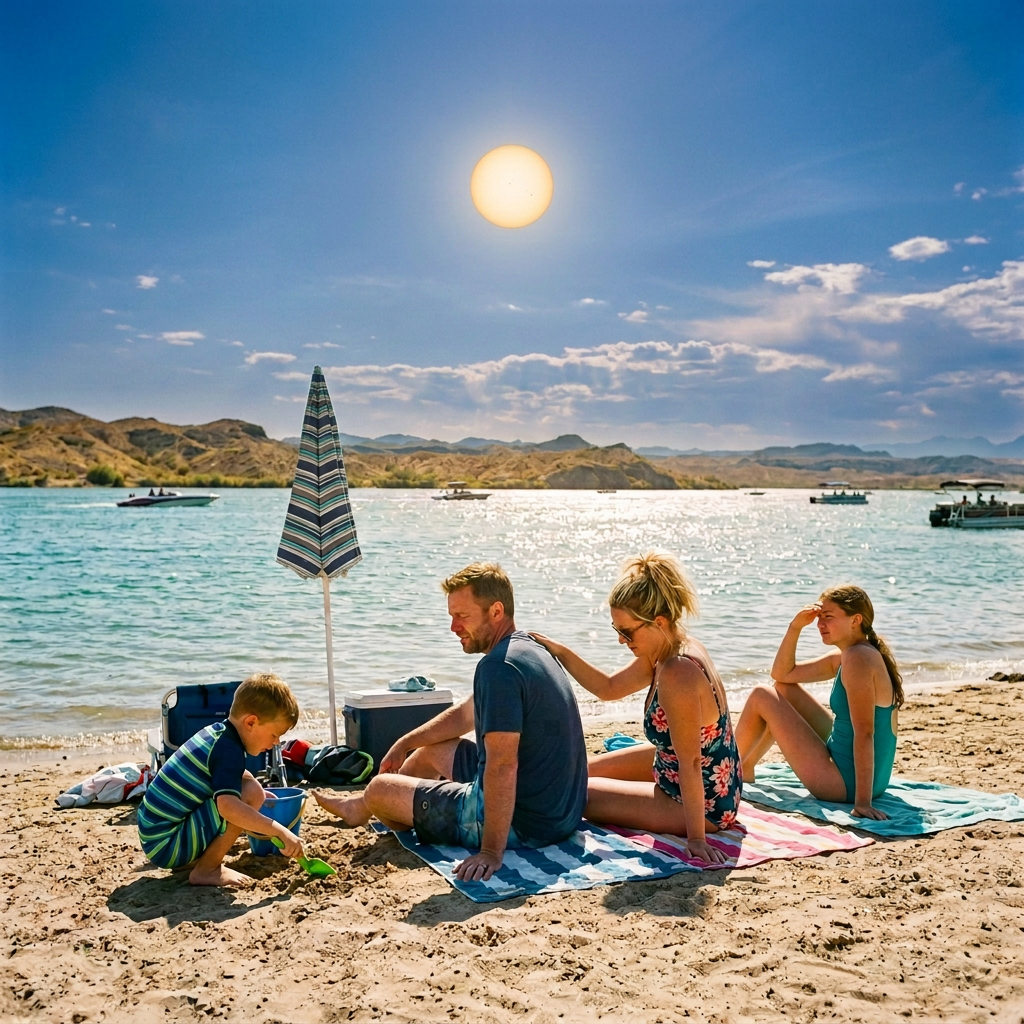 Family of four on lake beach with sun umbrella and boats in background
