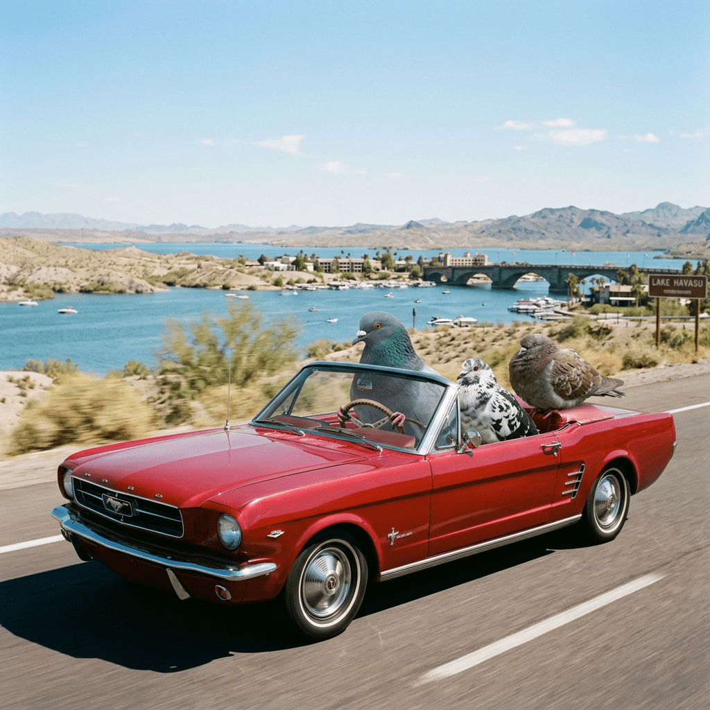 Three pigeons in a red convertible beside Lake Havasu