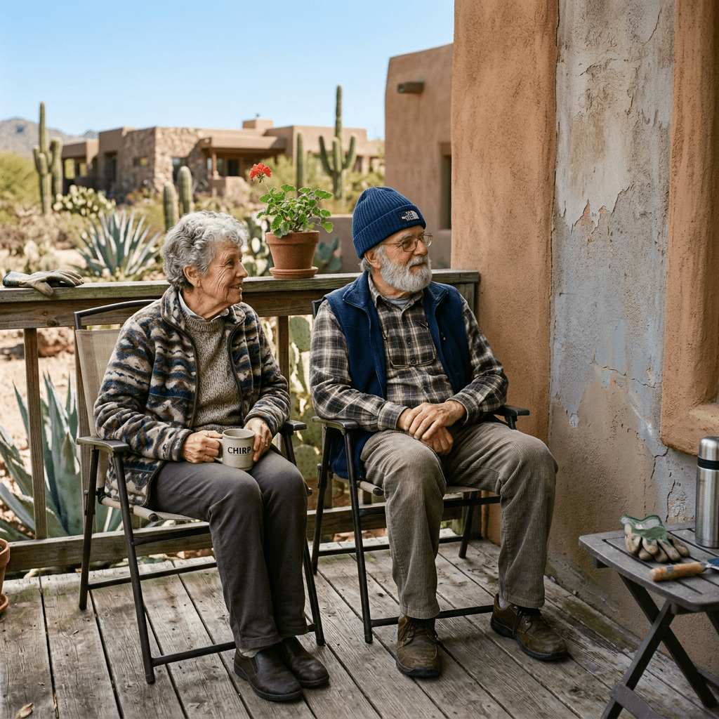Older couple sitting on a porch beside a garden, one holding a coffee mug