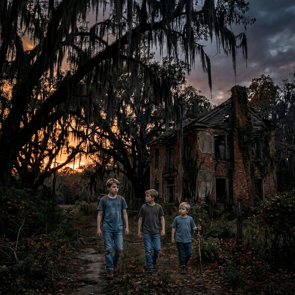 Three boys wearing blue jeans and tee shirts
