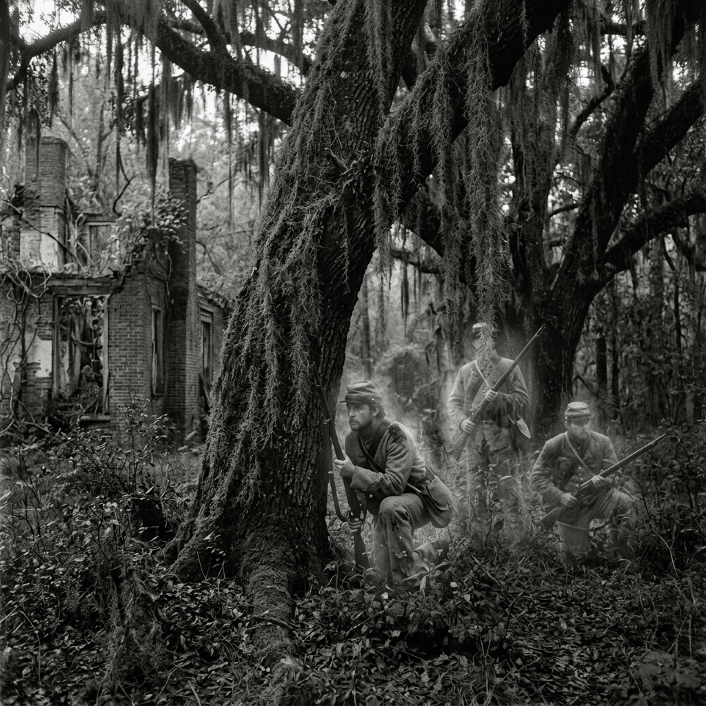 Ghostly soldiers concealed among moss-draped oaks