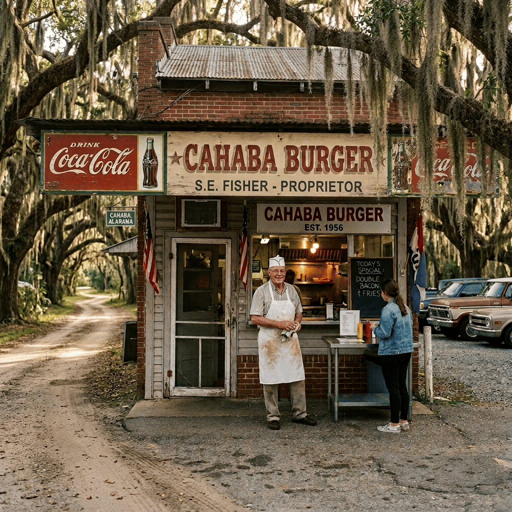Cahaba Burger walk-up order window with Coca-Cola signs, EST. 1956, and today's special double bacon and fries