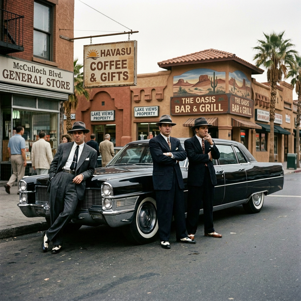 Three men in suits beside a vintage car outside a New York deli