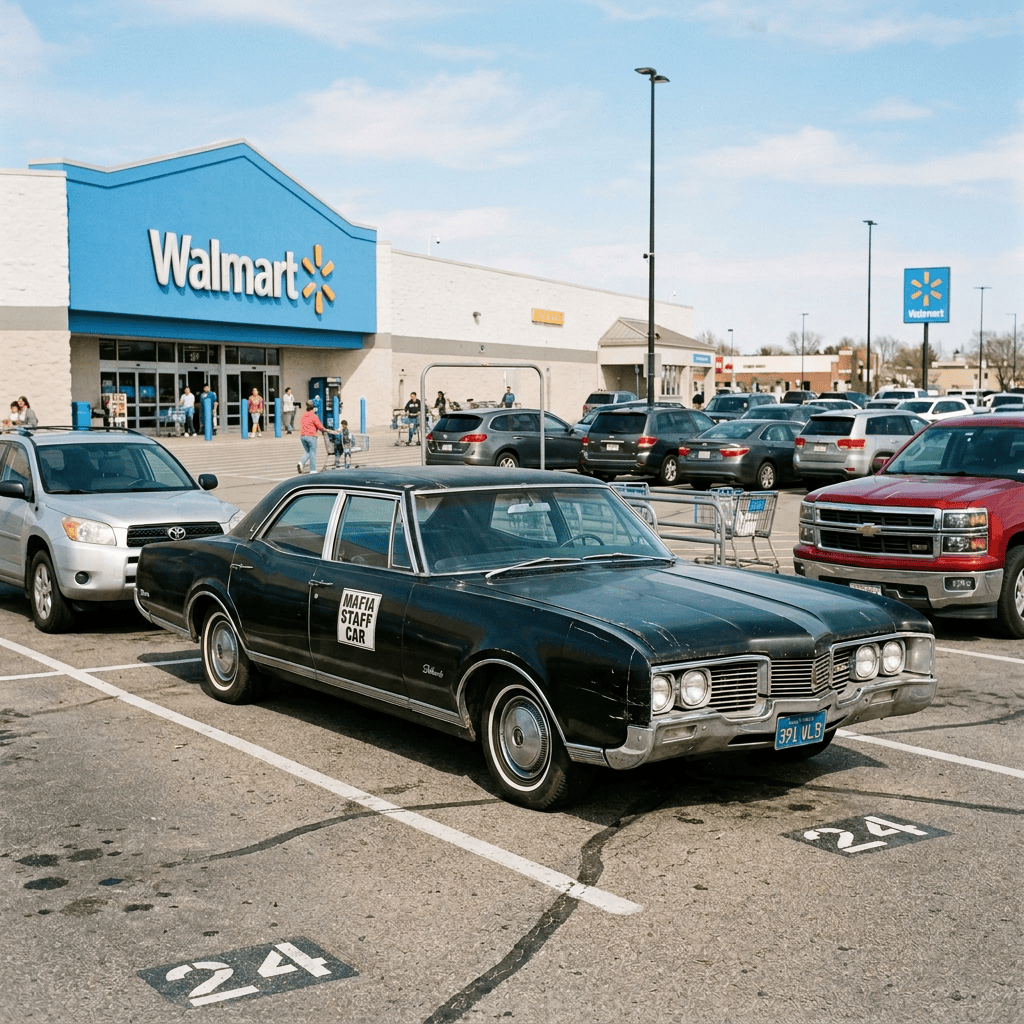 Vintage sedan labeled “MAFIA STAFF GAR” parked outside Walmart