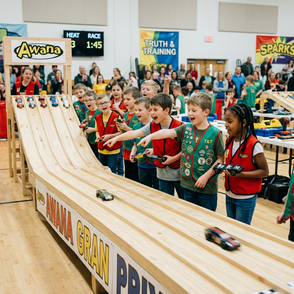 Children racing small cars on an Awana Grand Prix track