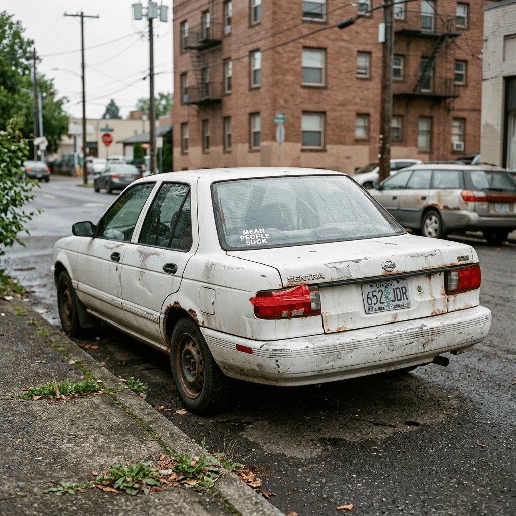 Weathered white Nissan Sentra parked on a rainy street with “MEAN PEOPLE SUCK” sticker