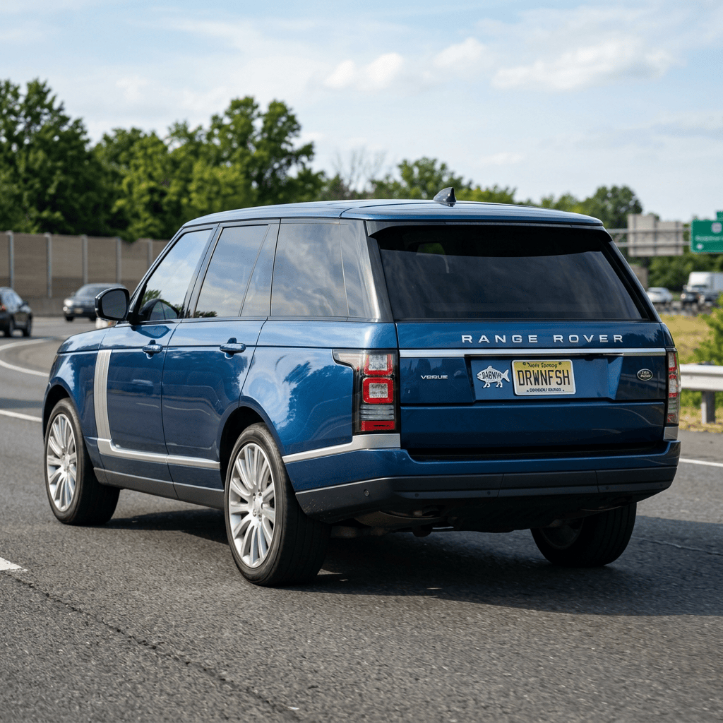 Rear of blue Range Rover showing RANGE ROVER and Nova Scotia plate