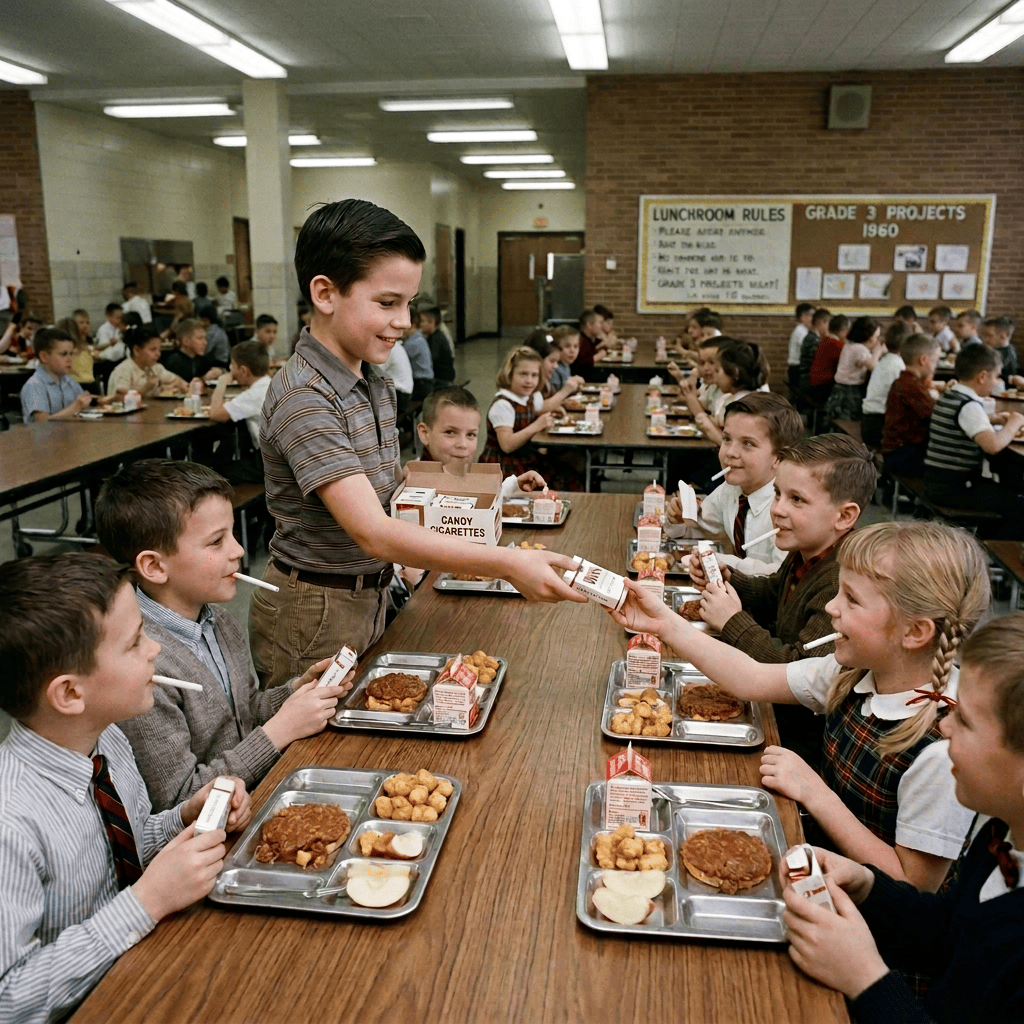 Children in a school cafeteria share candy cigarettes; bulletin board reads “LUNCHROOM RULES” and “GRADE 3 PROJECTS 1960.”
