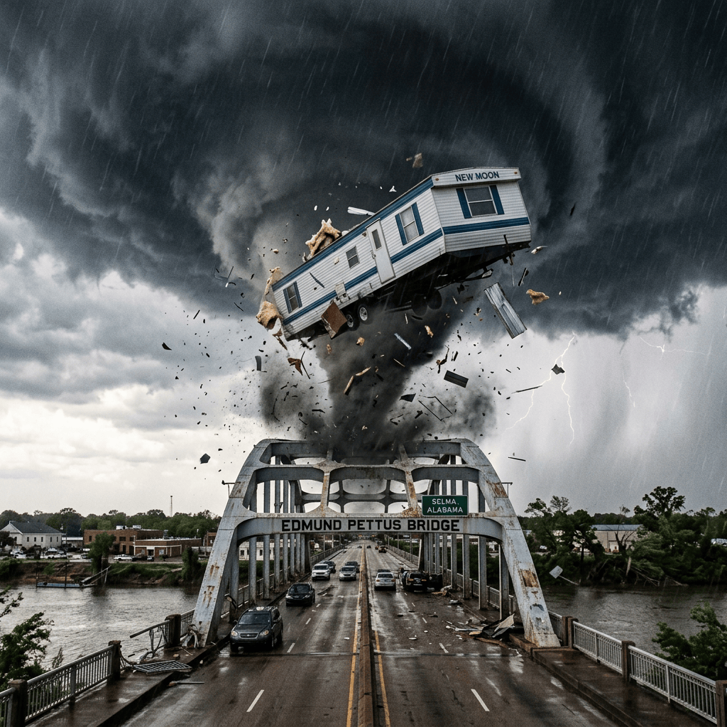 Storm lifting a trailer above the Edmund Pettus Bridge in Selma, Alabama