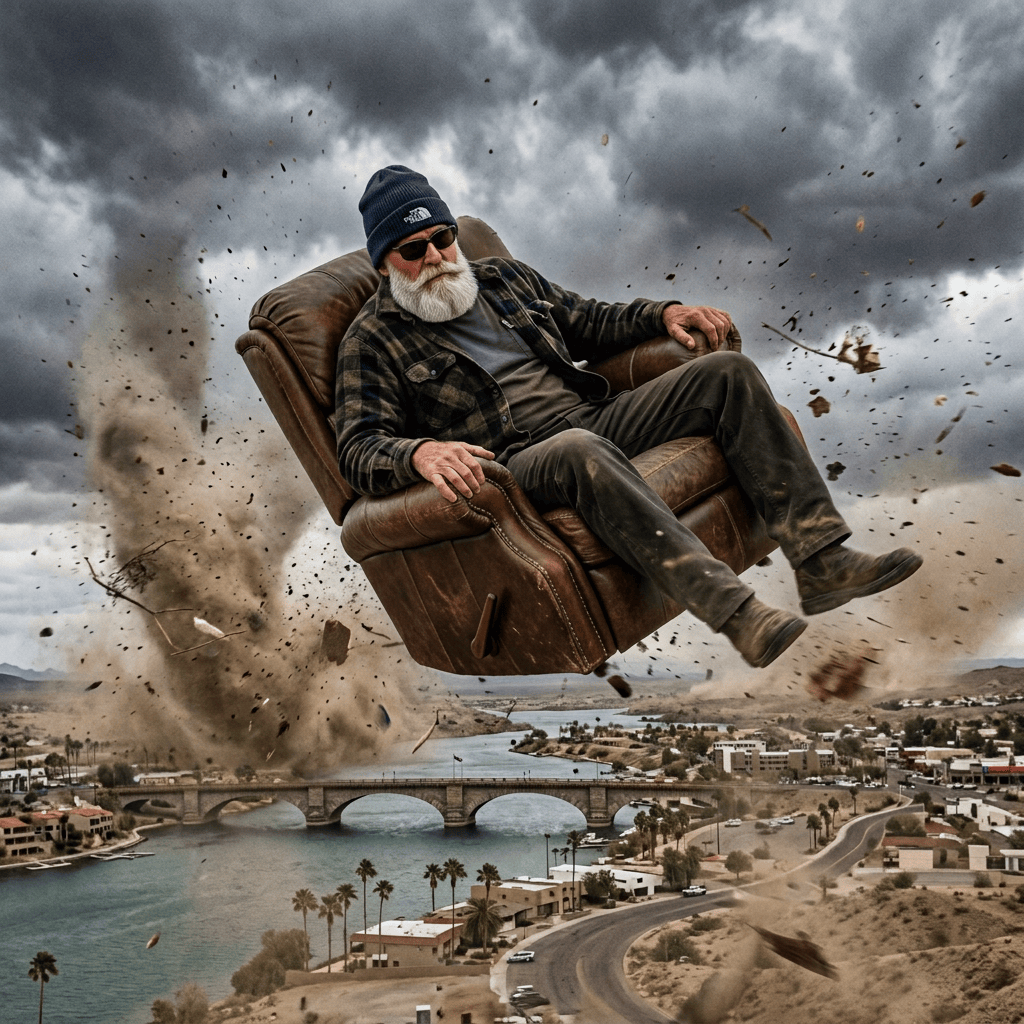Bearded man floating in armchair above a desert town during a dust storm