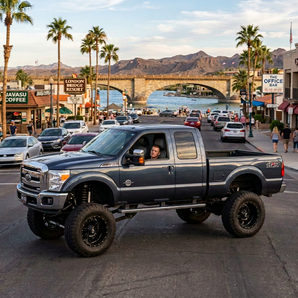 Lake Havasu Resort Street Traffic Scene Lifted pickup truck on a street by London Bridge Resort and lake