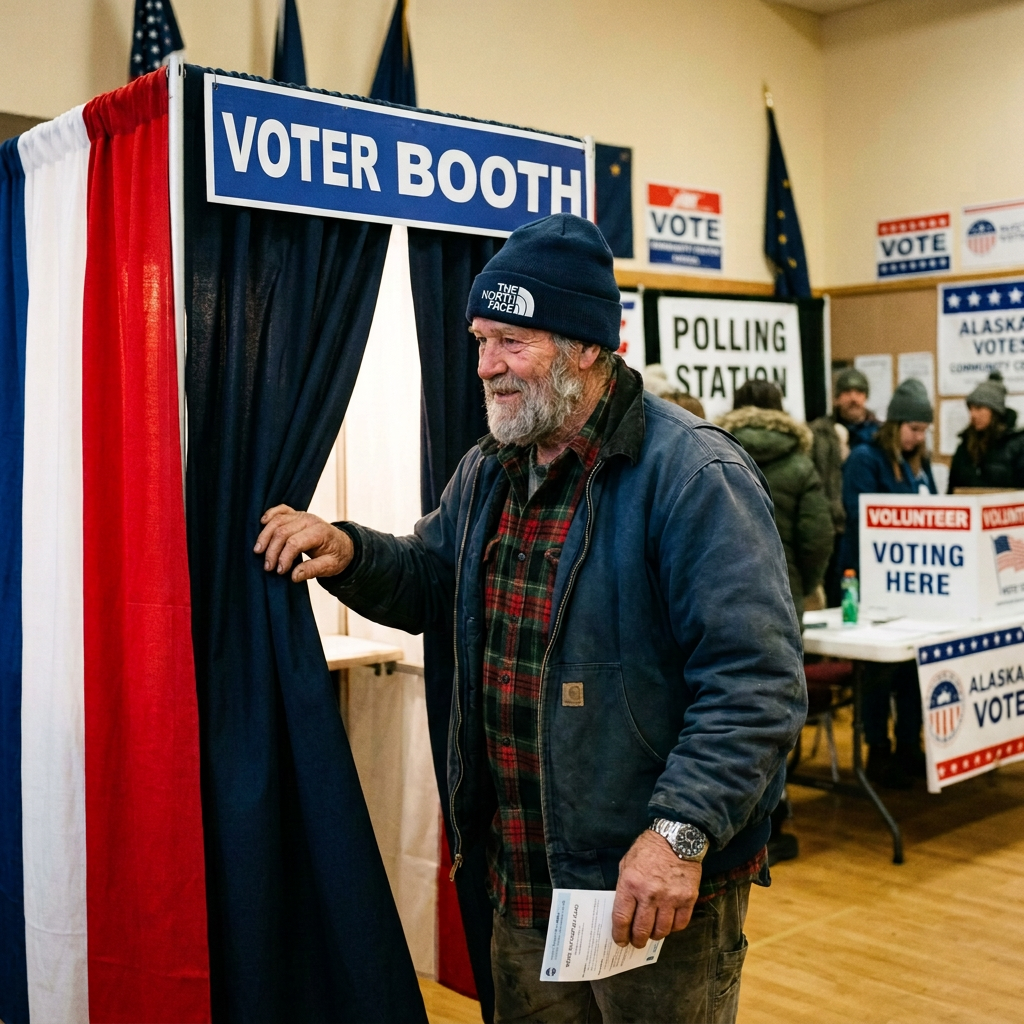 Community voting at an Alaska polling station Man entering voter booth at polling station surrounded by Alaska voting signs