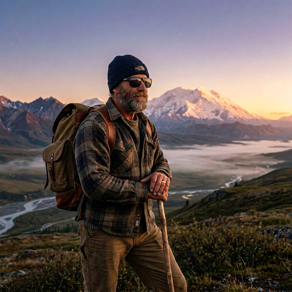 Wilderness Trekking Adventure at Sunrise Bearded hiker with backpack and walking stick overlooking a misty mountain valley