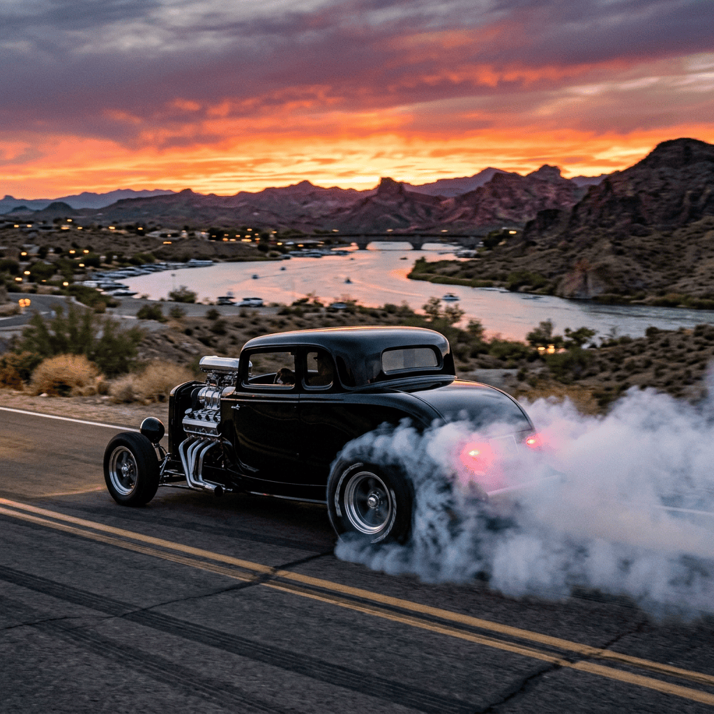 Black vintage hot rod drifting on a road beside a desert river