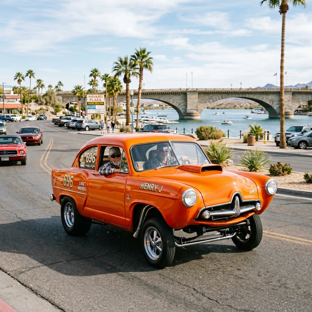 Classic Havasu Gasser Cruising Lake Havasu Orange car labeled 696, Lake Havasu, Havasu Gasser, Henry J, Speed & Custom; Havasu Plaza sign
