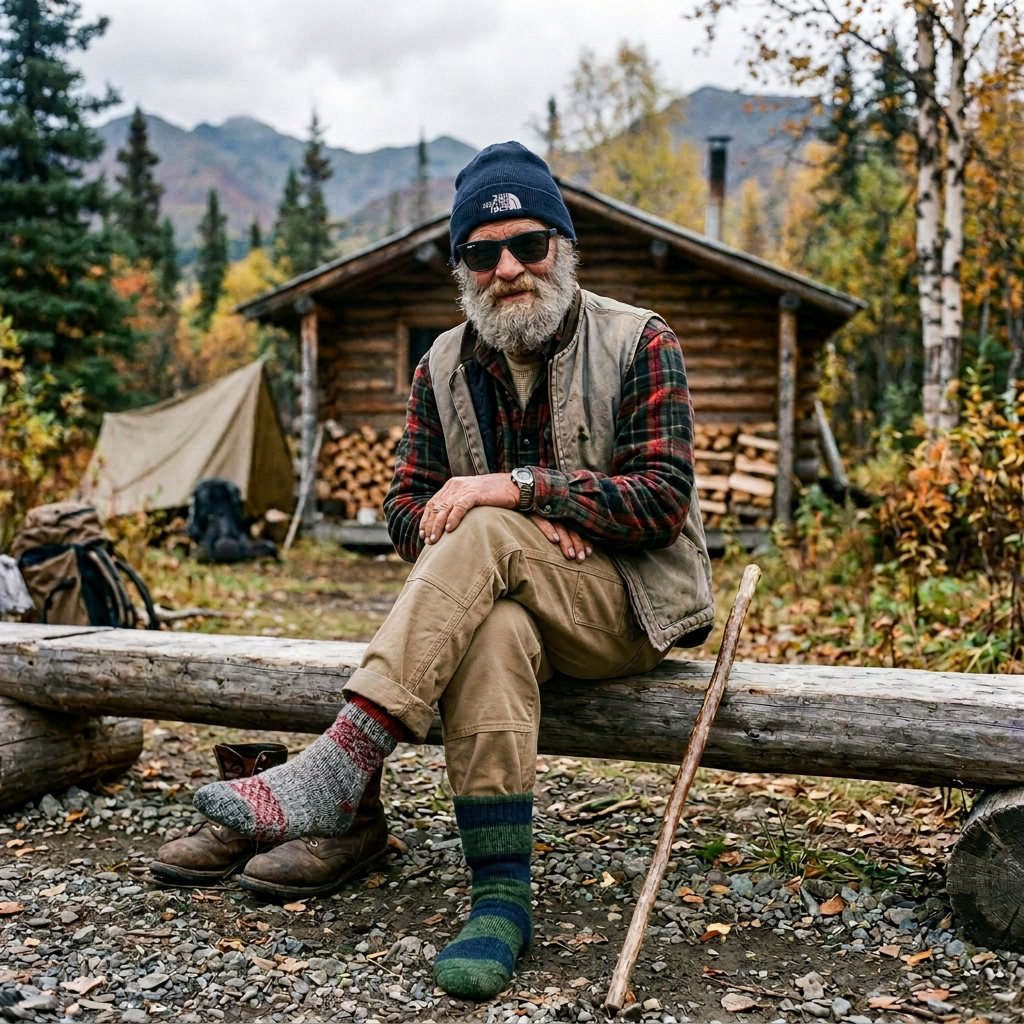Bearded man sitting outside a log cabin in an autumn mountain forest