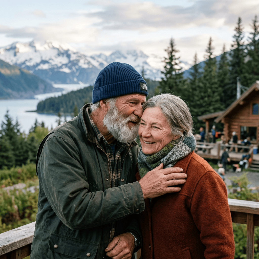 Older couple embracing on a deck overlooking a mountain lake