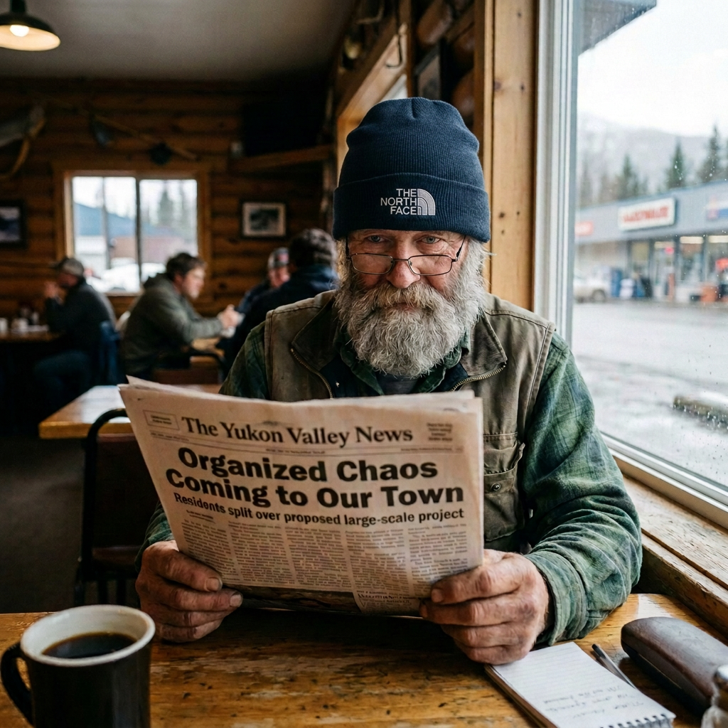 Local news over coffee and community debate Man reading The Yukon Valley News with headline “Organized Chaos Coming to Our Town”