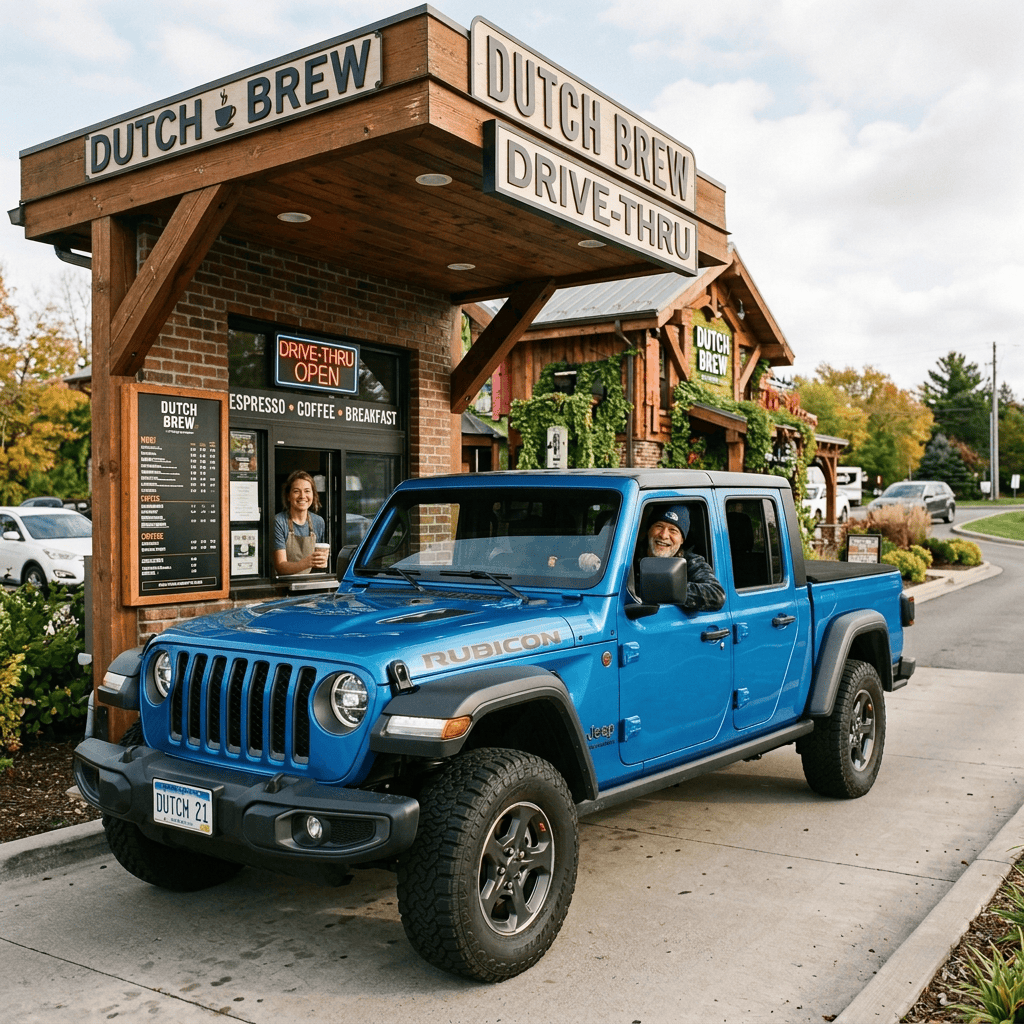 Blue Jeep at Dutch Bros drive-thru with two passengers holding coffee
